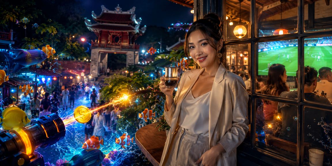 Không gian giải trí kỹ thuật số tại Hà Nội với màn hình esports và ly cà phê Việt