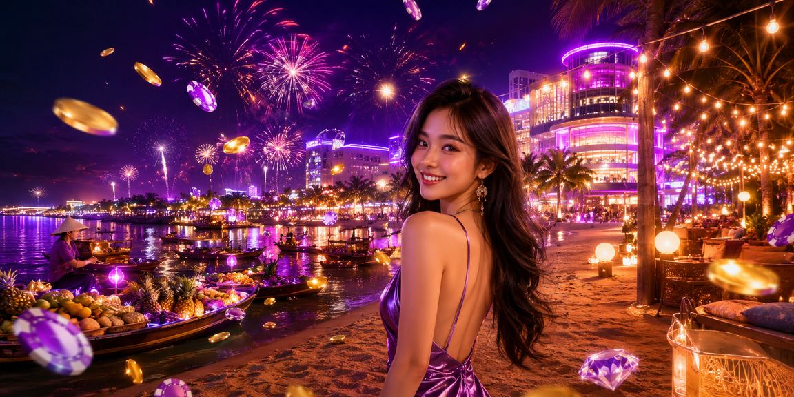 Ánh đèn neon casino rực rỡ bên dòng sông Mekong về đêm, gợi không khí jackpot sôi động