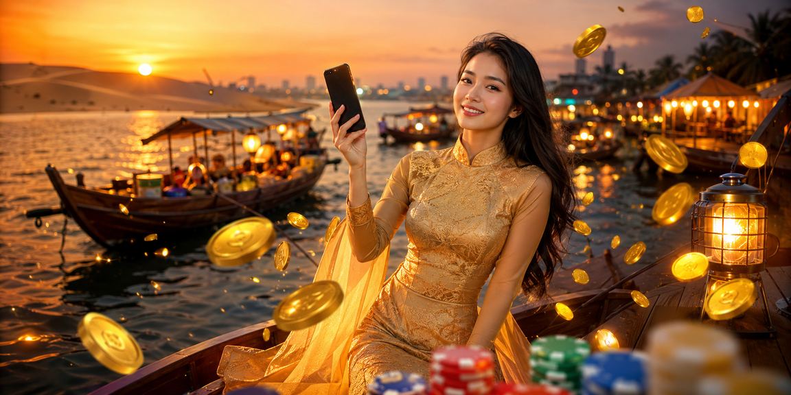 Người phụ nữ mặc áo dài chơi jackpot trên điện thoại di động tại Mũi Né